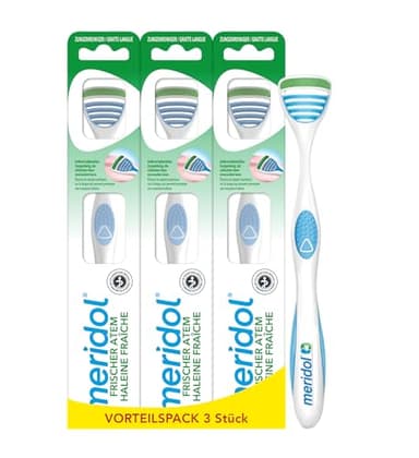 meridol Zungenreiniger SICHERER ATEM, 1 x 1 Stück - Zungenreiniger entfernt bakterielle Zungenbeläge & reinigt die Zunge sanft und effektiv (Packung mit 3)
