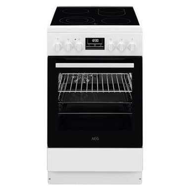 AEG Standherd mit Glaskeramik-Kochfeld, 50cm, A, 1 Paar Teleskopschienen, Bräterzone, Mehrkreiskochzone, Versenkknebel, Grillfunktion, Display mit Uhr, Weiß, CCB544OCBW