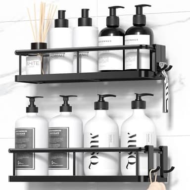 YASONIC Duschablage Ohne Bohren, Rostfreie Duschregale für die Dusche, Große Kapazität Badezimmer Organizer und Aufbewahrung, Duschregal mit Abnehmbaren Haken, Ohne Bohren Badezimmer Zubehör Schwarz