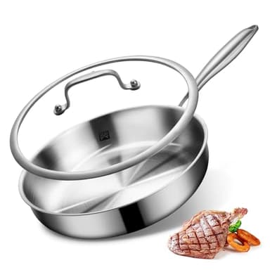 Edelstahlpfanne 28 cm mit Deckel, Pfanne Edelstahl Unbeschichtet , 3 lagige Edelstahl Bratpfanne Induktion Omelette schadstofffreie für alle Herdarten Ofenfest Spülmaschinenfest für Steak Ei (28cm)