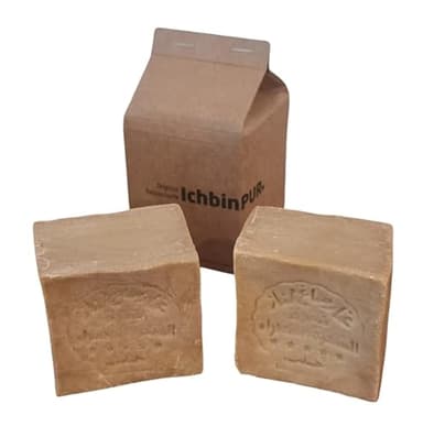 IchbinPUR – Original Aleppo Seife 2x150g (Doppelpack), Olivenölseife für Haar, Gesicht, Körper und Rasur, traditionelles Rezept, Duschseife, Handseife, Naturseife, Savon d‘Alep, Vegan, Plastikfrei