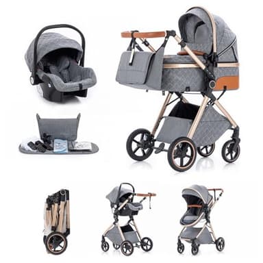Kakbgee 3 in 1 Kinderwagen mit Babyschale, Faltbar Buggy, 7-fach höhenverstellbarem Griff, 4-Rad Federung, Regenschutz, Moskitonetz, Kombikinderwagen für Neugeborene 0-3 Jahre (15kg), Subgrau