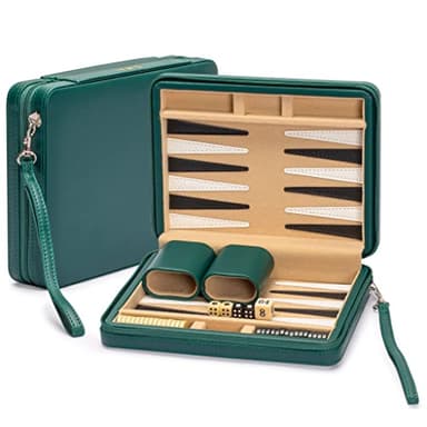 Yellow Mountain Imports Reise Backgammon Mini-Spielset, Izmir - Magnetische Spielsteine und 23,5 cm Brett in schicker Lederetui - Klassisches Strategiespiel