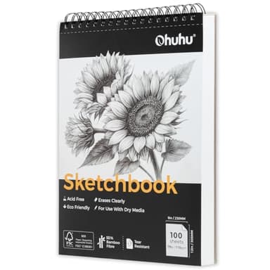 Ohuhu A4 Skizzenbuch aus Bambusfaser, 100 Blatt (200 Seiten) - Abriebfest & Radierfreundlich, Spiralbindung oben, 110 g/m² säurefrei, Zeichenblock für Bleistift, Buntstift, Kohle, 23×30 cm
