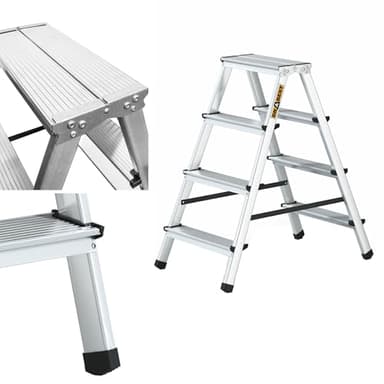 DRABEST Trittleiter Klapptritt Alu Leiter 2 x 4 Stufen Beidseitig Mehrzweckleiter Hausleitern bis 125 kg Belastbar Leiter