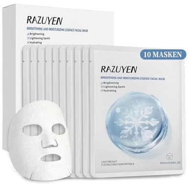 RAZUYEN Glow-Effekt Gesichtsmaske Tuchmaske (10er Pack) mit Eau de Rose, Niacinamid und Hyaluronsäure, für trockene, fahle und matte Haut, reparierende Feuchtigkeitsmaske