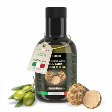 Foodico Weißes Trüffelöl – Italienisches Olivenöl Extra Vergine mit weißem Trüffel | Kaltgepresst & edel im Geschmack | Gourmetöl für Pasta, Ei & Risotto | 250 ml Glasflasche