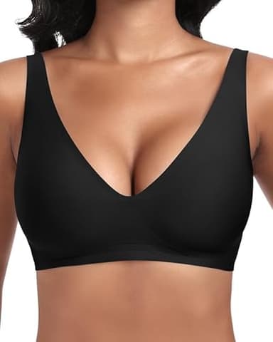 Jiuday Tiefer V Push Up BH ohne Bügel for Damen Bequemer BH für Große Brüste Starker Halt Seamless Soft Bra Bügelloser Gepolstert Nahtloser Glatter Bralette (Schwarz,L)