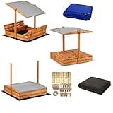 Magus Sandkasten Imprägniert mit Dach inkl. Video Anleitung für Montage Sonnenschutz UV-Schutz Sandbox mit Abdeckung mit Sitzbänken mit Plane Sandkiste Holz 120x120 140x140 XL (116x116 Grau)