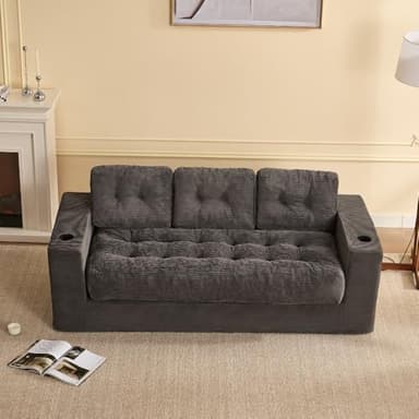 Litbird 3-Sitzer Sofa 190 cm für Wohnzimmer, Boneless Cord-Bodensofa mit Kissen, Armlehnen & Doppel-Getränkehaltern, mit Rückenlehne, kein Aufbau nötig, kleines Mini Sofa, Grau