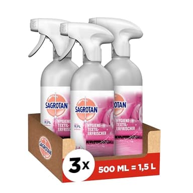 Sagrotan Hygiene-Textilerfrischer Wasserlilie– Entfernt festsitzende Gerüche & geruchsbildende Bakterien – Für Kleidung & Wohntextilien – 3 x 500 ml