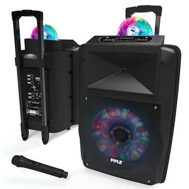 Pyle Partybox, Bluetooth Lautsprecher Groß, 700W- Boombox- mit aufladbare Batterien & Mic Set, Tragbare- Musik box, Karaoke Box- mit Farbige LED, Pa System- mit USB, SD, FM, BT, AUX, Griff & Räder
