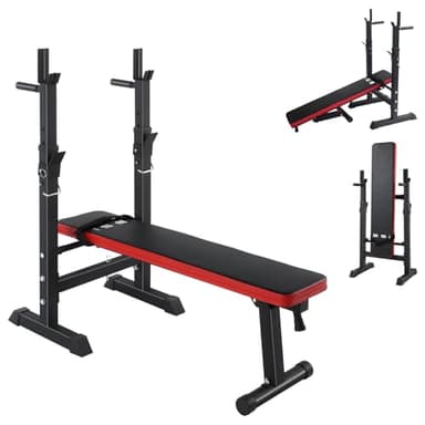 ISE Hantelbank Drückerbank Trainingsbank mit 5 Stufen Verstellbarer Ablage 91-110cm und Dip-Griffen Fitnessgerät Hantelbank Bankdrücken Klappbar Bankdrücken Bank Fitness Bank Klappbar Hantel Ständer