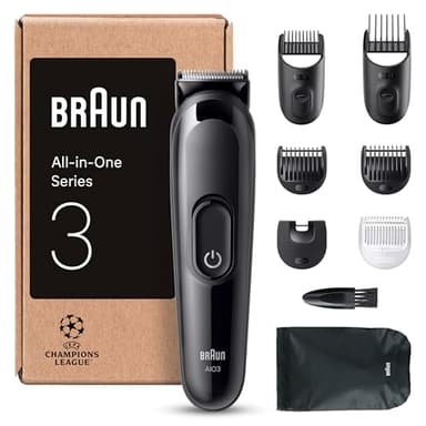 Braun All-In-One Trimmer-Set 3, 6-in-1 Multigroom, Barttrimmer, Haarschneidemaschine für Gesicht, Kopf und Körper, 50 Min. Akku, 14 Längen (3–21 mm), Wasserdicht, MGK3420, Schwarz