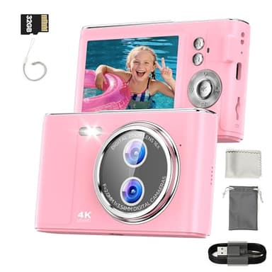 32GB Digitalkamera Kinder Fotokamera: Anti-Shake Kinderkamera Foto mit 2,8 Zoll 4K-Bildschirm, 48MP Vlogging Fotoapparat für YouTube 16X Digital Zoom Kompaktkamera für Fotografie Rosa