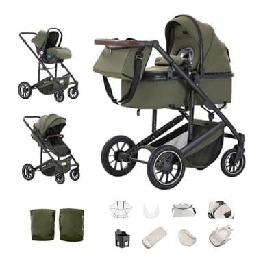 Kakbgee Kinderwagen 3 in 1, Kombi-Kinderwagen mit ECE R129-Autositz, höhenverstellbarer Griff, Buggy mit hohem Aluminiumrahmen für Neugeborene