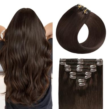 Sunya Clip In Extensions Echthaar Dunkelbraun Clips Ins Hair Extension Remy Glatte Haarverlängerungen Natürliches Haar Unsichtbar verlängerungen für Frauen 30cm 100g 8pcs