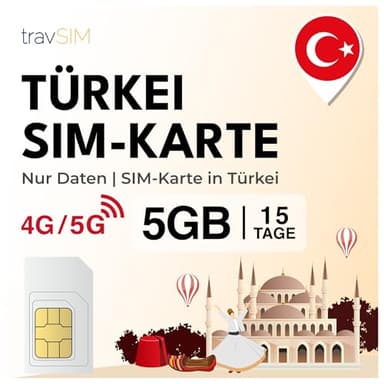 travSIM SIM Karte Türkei | 15 Tage - 5GB Daten SIM | 5G/4G Hochgeschwindigkeitsdaten | unbegrenzter Internetzugang für Google, Facebook, Whatsapp, Instagram und mehr