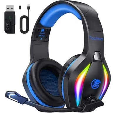 Fachixy FC100 Headset mit Mikrofon, 2,4G Wireless Gaming Headset für PS5, PS4, PC, Switch, Mac, Surround Sound Bluetooth Gaming Kopfhörer kabellos mit LED Licht, Über 50 Stunden Akkulaufzeit