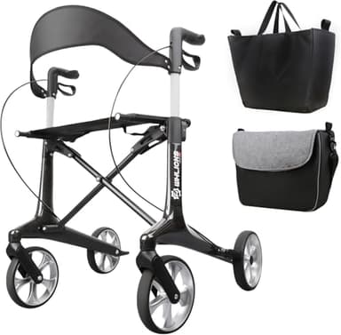 Rollator Faltbar und Leicht mit Sit, Carbonfaser, 5,9 kg Ultralight Rollator, schmaler Rollatoren für zu Hause, faltbare Rollatoren für Senioren, Höhenverstellbarer Griff, für All Gelände,Draußen
