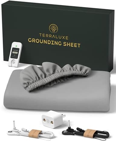 Terraluxe Erdungsbettlaken (King), Bio-Baumwolle, 94%, reines Silber 6%, GOTS-Zertifiziert, kühl, weich, atmungsaktiv, langlebig, inklusive Tester, Adapter, 2 Kordeln, Erdverbindung, Spannbettlaken