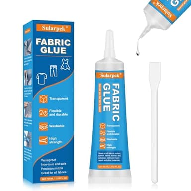 Sularpek 60 ML Textilkleber, Transparenter Stoffkleber, Waschmaschinenfest Permanenter Kleber für Stoffe, Textilkleber Extra Stark für Alle Stoffe, Baumwolle, Denim, Flanell, Polyester