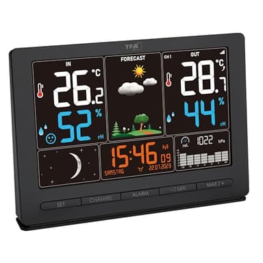 TFA Dostmann Funk-Wetterstation Season 2, 35.1118, mit Außensender, Wettervorhersage, Farbdisplay, Temperatur und Luftfeuchtigkeit, inkl Funkuhr mit Mondphase, schwarz