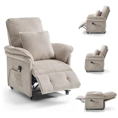 Asukale 2 Motoren Elektrischer Relaxsessel, Fernsehsessel mit Liegefunktion, TV Sessel Wohnzimmer mit Rollen, Verstellbarer Rückenlehne & Fußstütze, 2 Seitentaschen, Cord Couch, Beige