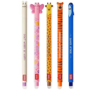 LEGAMI Set mit 5 radierbaren Gelstiften mit thermoempfindlicher Radiertinte, verschiedene Tintenfarben und Schaftdesigns, 0,7 mm Spitze, Hase, Löwe, Giraffe, Corgi und Hai