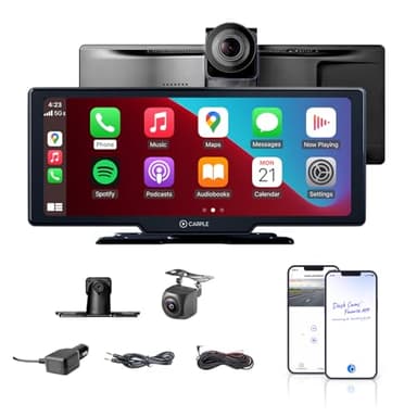 Carple 10,26" Kabelloses CarPlay & Android Auto Display 1920x720 HD Tragbares Autoradio mit 4K Dashcam & 1080P Rückfahrkamera - Bildschirmspiegelung, Sprachsteuerung GPS Navigation, Bluetooth, 64GB SD