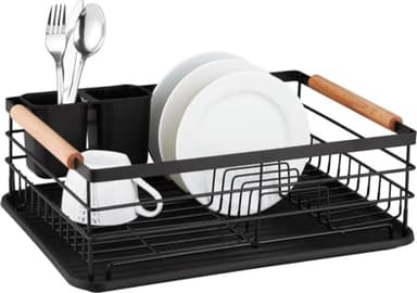ROYAL SWISS® Abtropfgestell Schwarz Matt mit Holzgriffen – Geschirrständer aus Metall mit Abtropfschale & Besteckhalter – Platzsparendes Abtropfgitter für Küche & Spüle