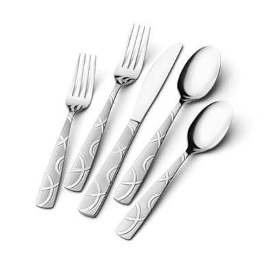 HIKAA 60-Teiliges Besteckset, Modernes Besteck Set 12 Personen, Edelstahl Essbesteck für die Küche, Hochglanzpoliertes Cutlery Set mit Gabeln, Löffeln und Messern, Spülmaschinenfest(Silber)