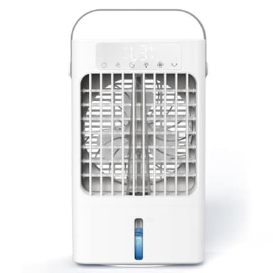 SUPOOBE Klimaanlage Mobil, 900ml Wassertank Mobiles Klimagerät, Mini Luftkühler mit Wasserkühlung, 3 Windgeschwindigkeiten & 2 Feuchtigkeits Modi, 90°Oszillation, 1-8H Timer, 7 Farben Licht für Zimmer