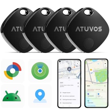 ATUVOS Air Tag Pro Smart Tags Tracker für Android & iOS, Neu Dual-System Schlüsselfinder kompatibel mit Google Mein Gerät finden or Apple Wo ist? App, Smarttag Key Finder für Gepäck, Koffer, 4er Pack.