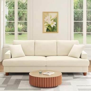 Kidirect Cord Sofa 3 Sitzer, 221CM Bequemes Couch 53CM Extra Tiefe Sitze, Sofa Wohnzimmer Werkzeugfreie Montage, Big Sofa Couch mit 2 Kissen, Modernes Couch fürs Büro, Schlafzimmer Sofas Beige