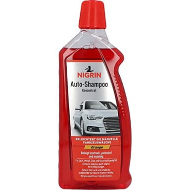 NIGRIN Autoshampoo Konzentrat, 1 Liter, entfernt auch starke Verschmutzungen, schont Lack- und Kunststoffoberflächen, mit Orangen-Duft, Orange