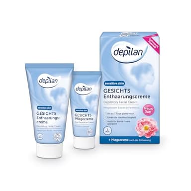 Depilan Gesichts Enthaarungscreme Sensitive- Entfernt Gesichtshärchen sanft & zuverlässig · Für Oberlippe, Kinn, Wange & Nasenwurzel · 1 Packung á 50ml + 30ml Pflegecreme