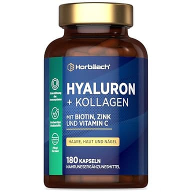 Hyaluron Kollagen Kapseln Hochdosiert Komplex mit Biotin, Zink, Selenium & Vitamin C | Hyaluronsäure Beauty Complex | für Haut, Haare, Nägel | 180 Stk | Horbaach