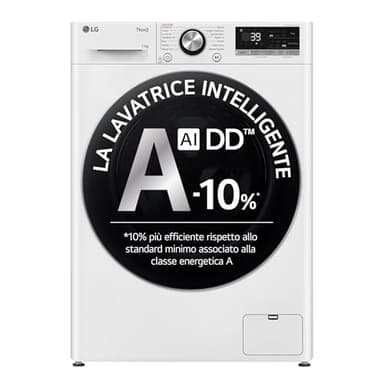 LG AI DD F4R7011TSWC Waschmaschine der Klasse A-10%, 11 kg R7-Serie, Frontlader, 1400 RPM, AI Wash, TurboWash 360, Dampfreinigung, Wi-Fi, Bullauge aus gehärtetem Glas, frei installierbar, Weiß