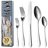 BEWOS Besteck Set für 6 Personen-30 teilig Essbesteck Set inkl. Messer, Gabel, Löffel, Besteck Edelstahl Spiegelpoliert, Spülmaschinenfest