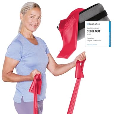 TheraBand 2,50m inkl. Türanker + Tasche rot | Widerstand 1,7kg | Terrabänder | Gymnastikband | Fitnessband | Stretchband | Heimtraining, Krafttraining, Rückenübungen, Therapie, Reha | 100% Naturlatex