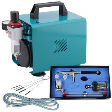 Professionelles Airbrush-Kompressor Ultimate II mit sehr leisem Kompressor, Airbrushpistole mit doppelter Aktion und Nadeln, Becher, Farbe, Glas, Druckluftschlauch