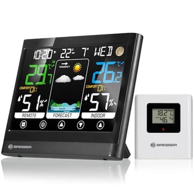 Bresser MeteoTemp BF Funk Wetterstation mit Touch-Display, Außensensor, Wettervorhersage, Raumklima-Indikator, Temperatur-, Luftfeuchtigkeit- und Empfang des DCF-Zeitsignals, Wecker