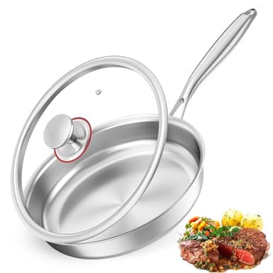 Yigowyigo Edelstahlpfanne 24cm, Unbeschichtet Edelstahl Bratpfanne mit Deckel, Pfanne Induktion Leicht zu reinigen und Spülmaschinenfest, für Alle Herdarten Geeignet