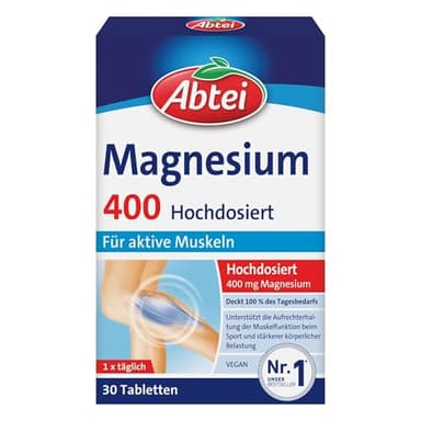 Abtei Magnesium 400 - hochdosiertes Magnesium für aktive Muskeln - bei Sport und körperlicher Belastung - Deckt 100% des Tagesbedarfs - Vegan, glutenfrei, laktosefrei - 1 x 30 Tabletten