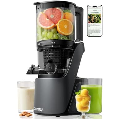 Canoly Entsafter mit 150 mm extra Großer Einfüllschacht, 3-in-1 Sieb (für Saft, Sorbet & Nussmilch), Slow Juicer mit AC-Motor, Verarbeitet ganze Früchte & Gemüse, Selbstschneid-System, BPA-Frei