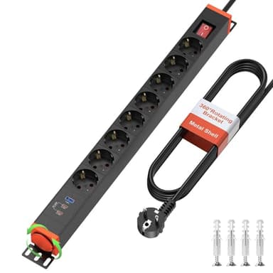 8 Fach Steckdosenleiste mit 2 USB-C PD20W, 8-Fach Mehrfachsteckdose mit Überspannungsschutz, 360°-Drehständer, Steckdosenleiste Wandmontage mit Schalter, Metallgehäuse, 1.8M Kabel, 16A/4000W, Schwarz