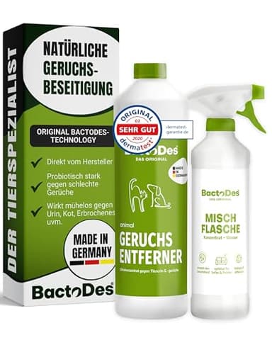 BactoDes Animal Geruchsneutralisierer 1L I Enzymreiniger mit biologischer Mikrobenkraft & Tiefenwirkung inkl. Spray-Mischflasche I Effektiver Geruchsentferner gegen Tierurin & starke Gerüche