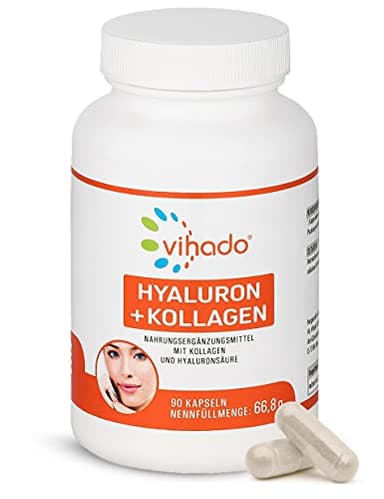 Vihado Hyaluronsäure Kapseln hochdosiert – Hyaluron + Kollagen-Hydrolysat – Beauty Kapseln ohne Zusatzstoffe – ideal als Nahrungsergänzung neben der Hautpflege – 90 Kapseln
