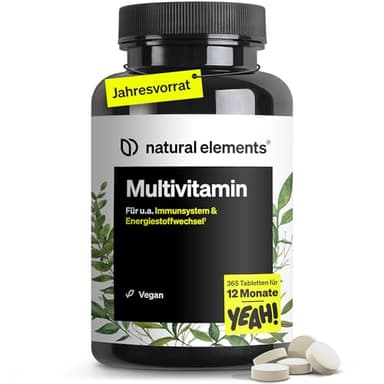 natural elements Multivitamin – 365 vegane Tabletten – Jahresvorrat – wertvolle Vitamine A-Z, mit Vitamin K1 und K2 – ohne unnötige Zusätze – in Deutschland produziert & laborgeprüft